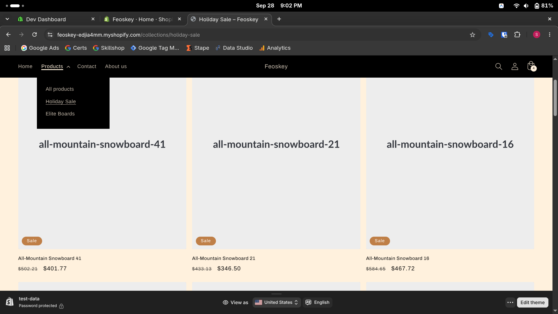 Live Shopify product page with sale badges and clean variant pricing after updates