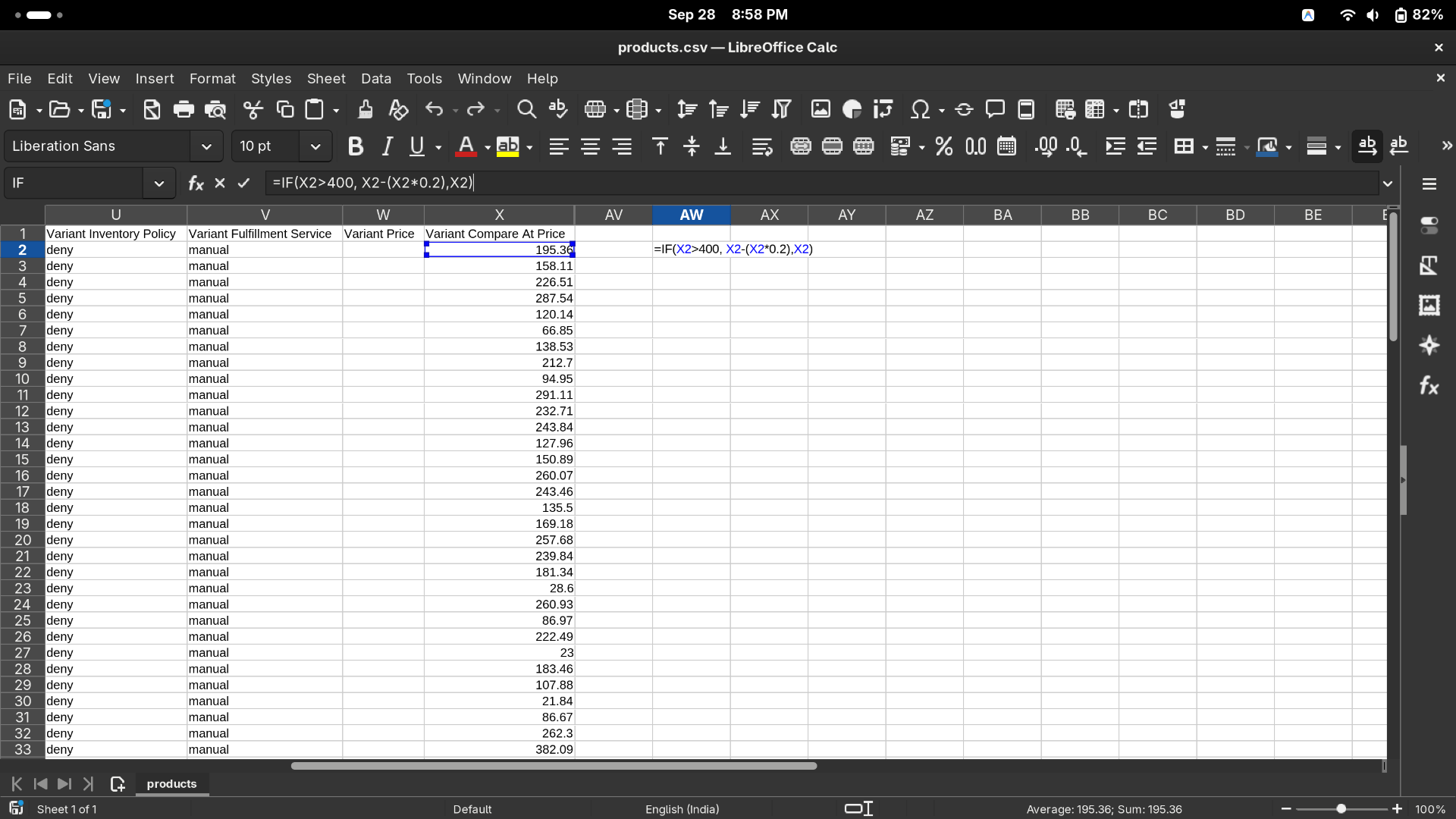 Raw CSV spreadsheet showing formulas and bulk product data before cleanup